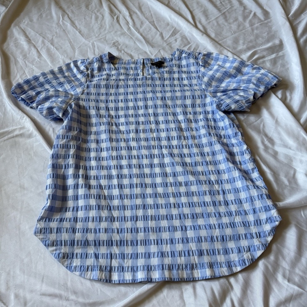 Ann Taylor Blue White Gingham Flutter Sleeve Blouse‎ Top Size Small